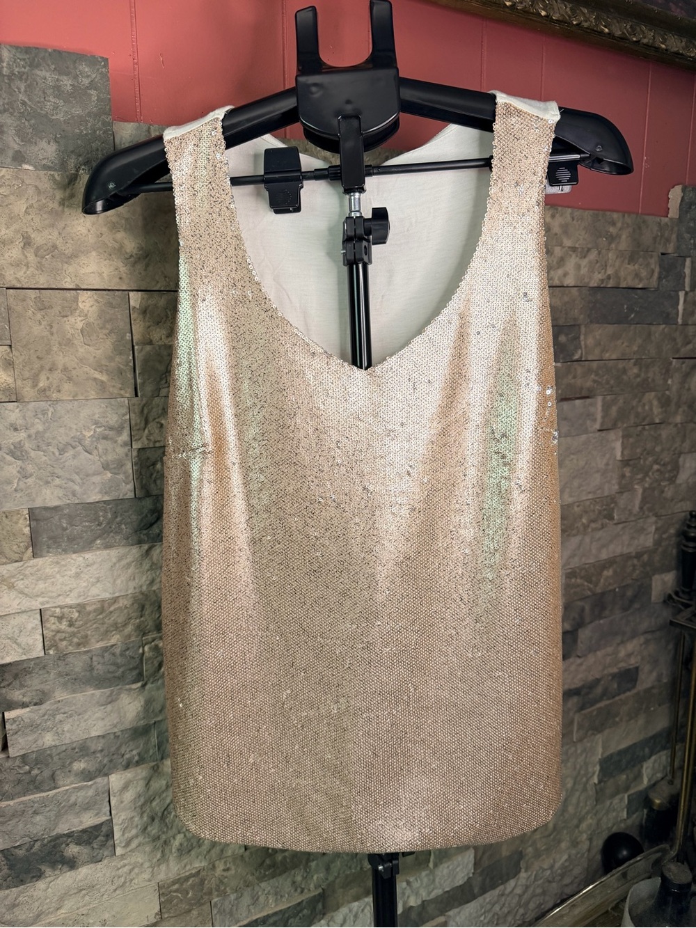 Worthington Rose Gold Sequin Front Tank Top V-Neck Shimmer Cami Size L NWT
